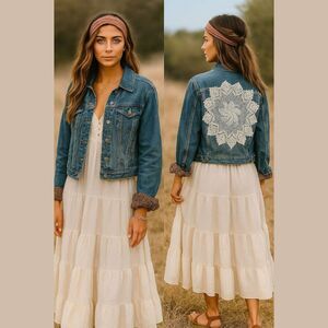 Boho Upcycled Denim Jacket L Handmade Doily Back Cottagecore Lace Jean Layer
